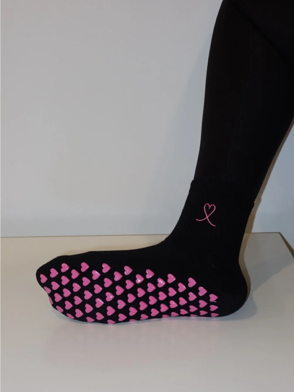 Black and Pink Gripper Socks with Heart Design